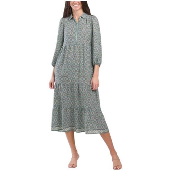MAX STUDIO Three-quarter Sleeve Collared Tiered Maxi Dress - Green/Cream - Picture 1 of 3
